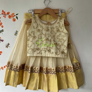 Baby Girls Lehenga Choli Dupatta Made of Gold Kasavu/Age 0-10 Years/  Kerala Traditional Handloom Dress/ Onam dress for Girls