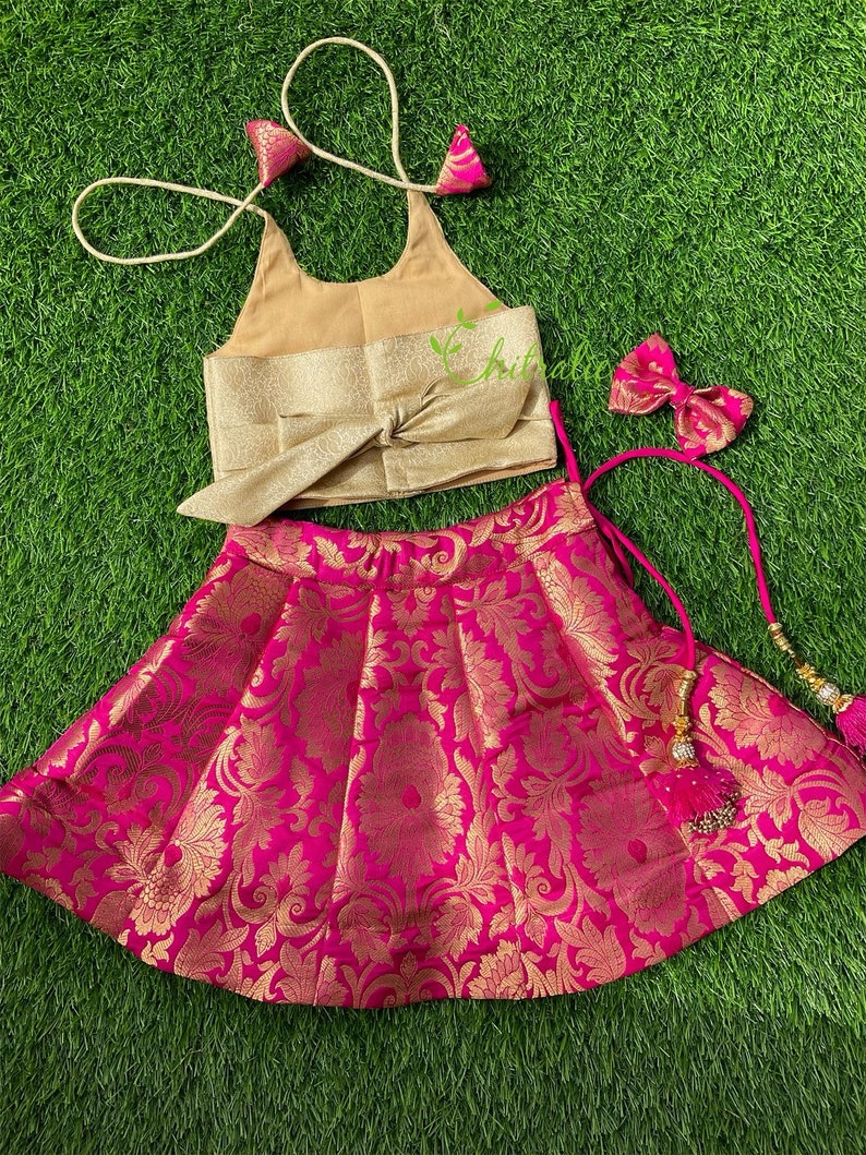 Kids Traditional Dark Pink Banarasi Brocade Lehenga Choli Traditional Indian Ethnic Wear For Kids image 3