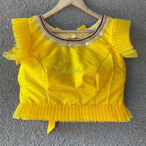 Yellow Rawsilk Saree Blouse: Coin Work Crop Top