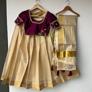 Kerala Gold Kasavu Dhavani With Puff Sleeve Blouse/ Onam Vishu Dress/ Kerala Half Saree