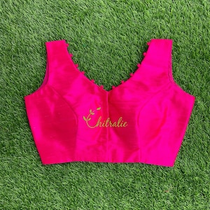 Hot Pink Rawsilk Saree Blouse: Sleeveless V-Neck, Padded