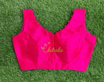 Made to order Indian Hot Pink Sleeveless V-neck Padded Rawsilk Blouse/ Saree Blouse/ Lehenga Blouse
