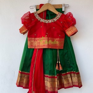 Red and Green Kanchipuram Pattu Pavadai For Festivals SouthIndian Kids Langa Voni