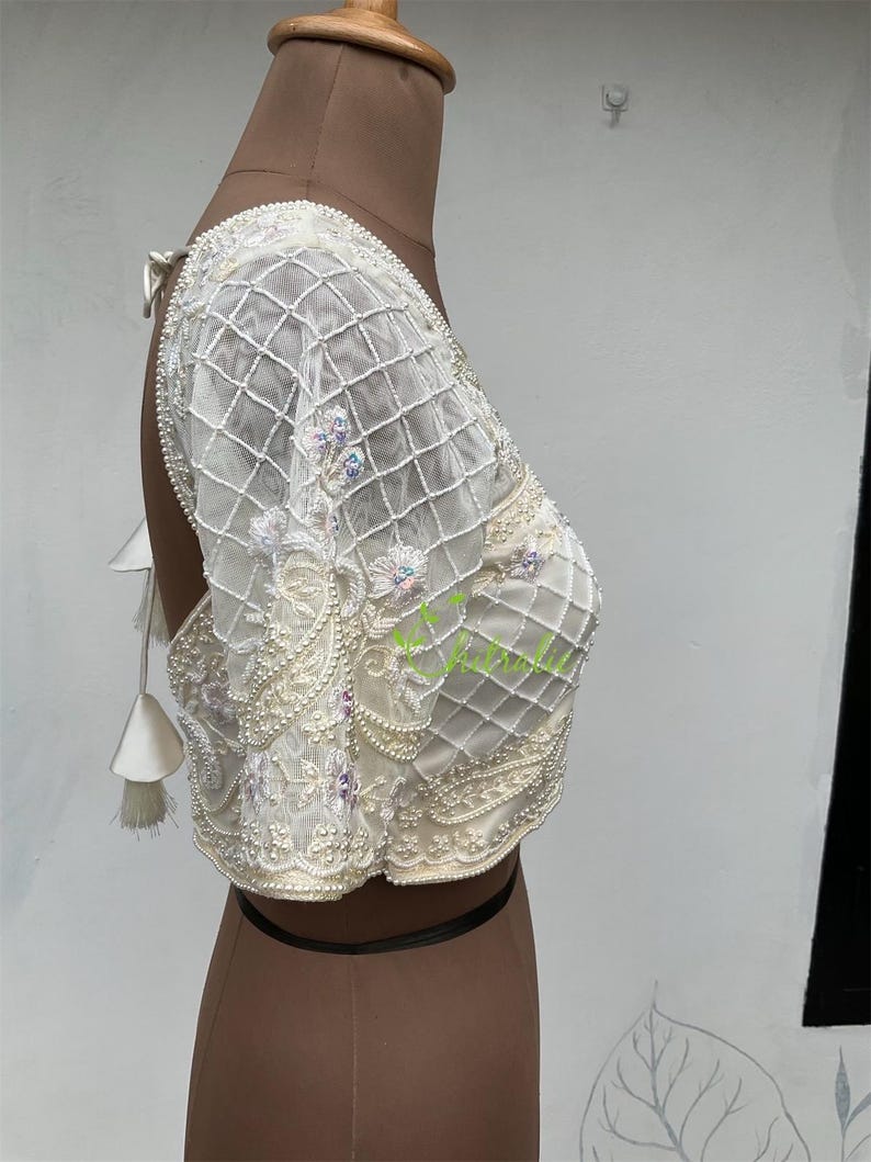 Ivory White Paisly Design Pearl Work Choli/ Christian Bridal blouse image 5