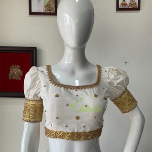 Ivory and Gold Kerala Handloom Kasavu Blouse With Aari Work/ Traditional Kerala Handloom  Kasavu Blouse With Puff Sleeve