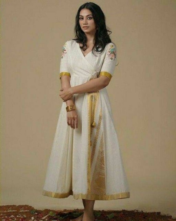 Buy Women's Kerala Kasavu Tissue, Cotton Silk Stitched Ready to Wear  Embroidered Cream Kurti (Large, Design16) at Amazon.in