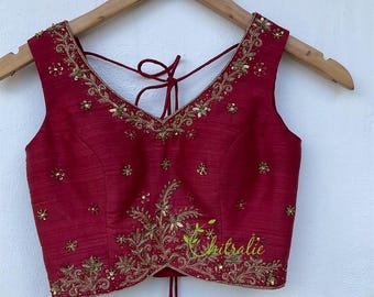 Custom Made Brick Red Heavily Floral Embroidered Sleeveless Blouse/ Indian Saree Lehenga Blouse