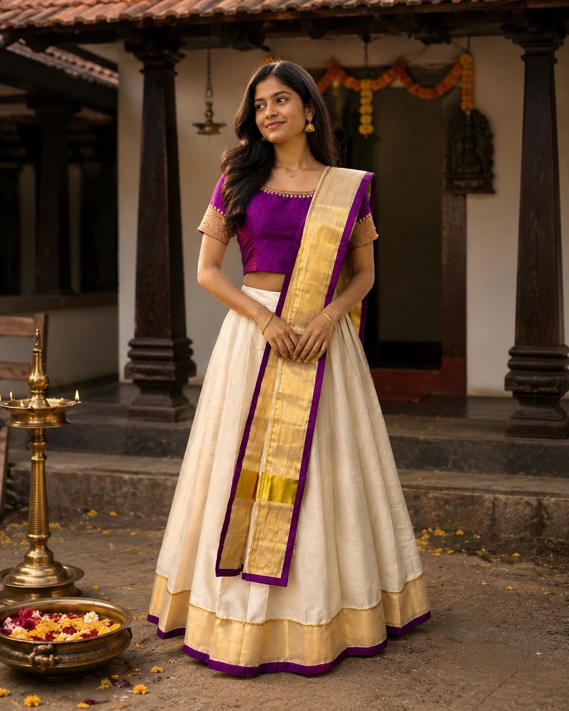 Kerala Tissue Dhavani: Gold Kasavu Lehenga with Purple Rawsilk Beaded Choli