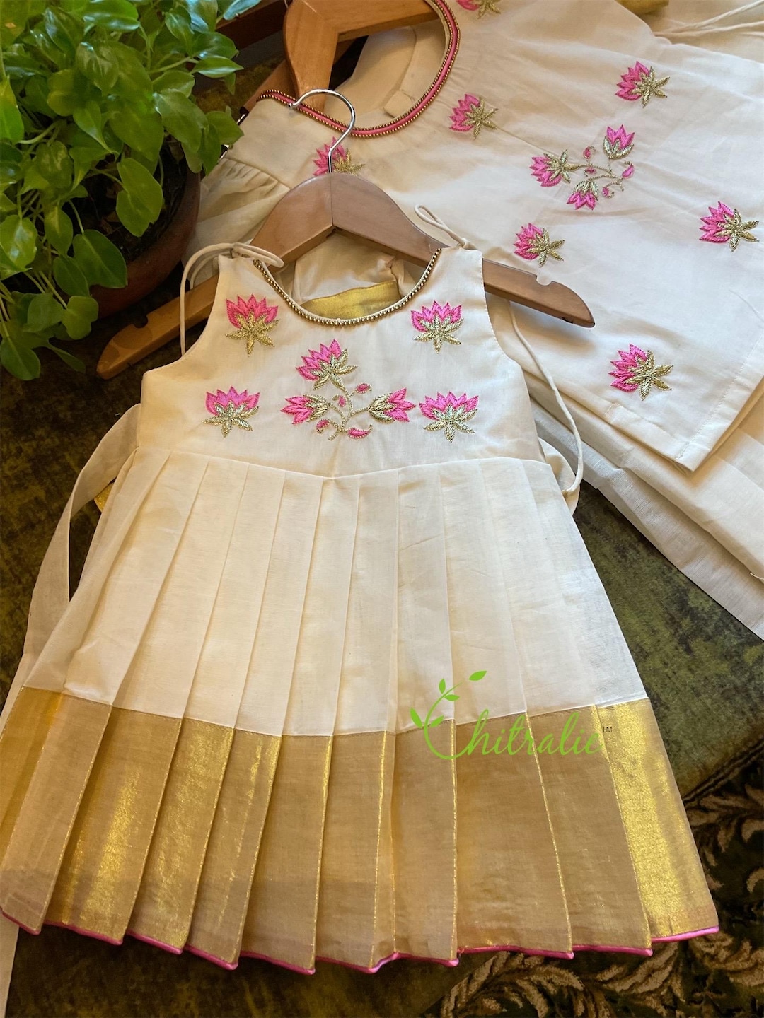 Baby Girl's Kerala Kasavu Frock Pink Lotus Indian Ethnic Outfit