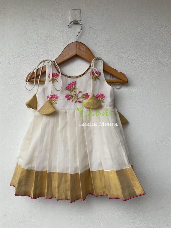 Baby Girl's Kerala Kasavu Frock Pink Lotus Indian Ethnic Outfit - Etsy