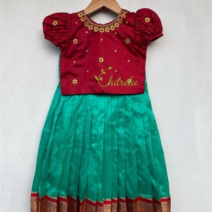 Mermaid Green Kanchipuram Pattu Pavadai With Maroon Maggam Work Silk Top For Indian Festivals Ceremonies
