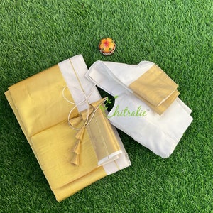 Kerala Gold Kasavu Saree With Matching Blouse For Onam Celebration Festivals