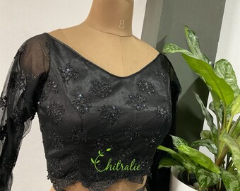 Custom made Black Embroidered Net Blouse With  Wide V-Neck