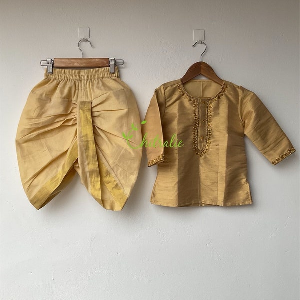 Golden Rawsilk Indian Ethnic Kurta For Boys/ Boys Ethnic Wear Kurta Pyjama