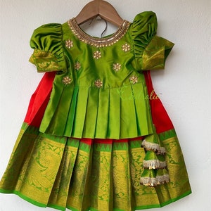 Pure Kanchipuram Silk Pattu Pavadai / Skirt in Magenta colour with Green Top - 5 yrs