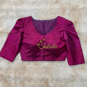 Custom Made Purple Pure Silk Blouse With Small Puff Sleeve And Pleated Shoulder