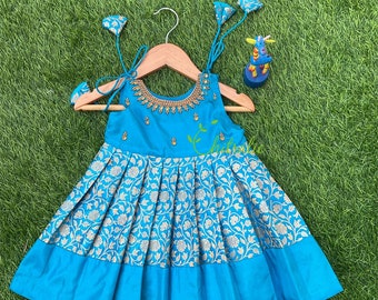 Infants Indian Dress Blue Banarasi Brocade Knot Frock