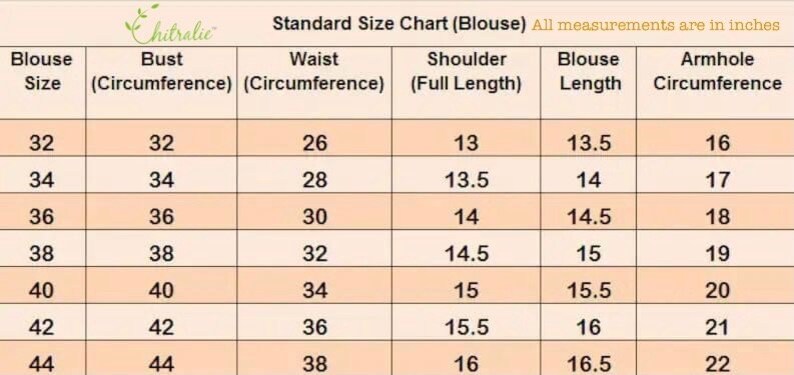 May include: A size chart for blouses, showing measurements in inches for bust, waist, shoulder, blouse length, and armhole circumference. The chart includes sizes 32 to 44.