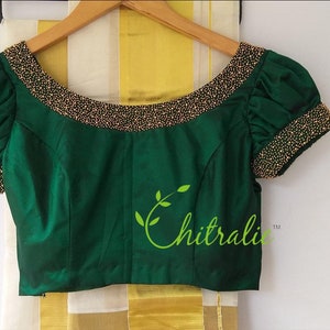 Dark Green Traditional Silk Saree Blouse With Beaded Boat - Etsy