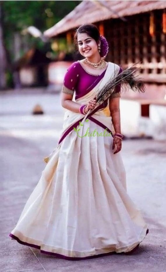 Buy Traditional Kerala Gold Kadavu Dhavani With Dark Green Kundan Work  Choli/ Vishukodi / Onapudava Online in India - Etsy