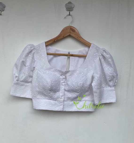 White Hakoba Cotton Saree Blouse: Custom Indian Lehenga Choli