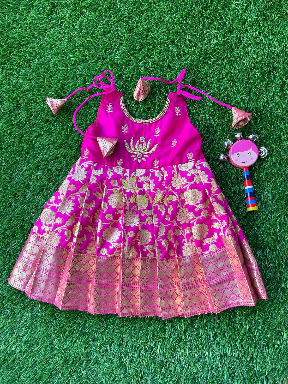Kids Designer Embroidered Embellished Pattu  Malai Silk Sleeveless Full  Length Ethnic Gown  Frock with Zari Border 