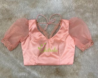 Custom Made Peach Satin Indian Saree Lehenga Blouse With Net Puff Sleeve
