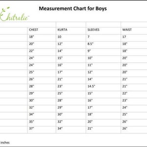 May include: A chart showing boys' clothing sizes in inches. The chart includes age, chest, kurta, sleeves, waist, and pajama measurements.