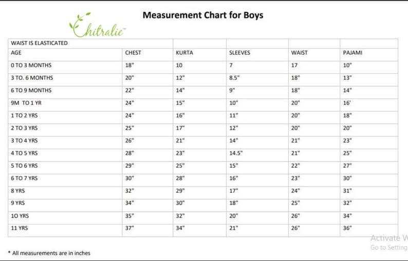 May include: A chart showing boys' clothing sizes in inches. The chart includes age, chest, kurta, sleeves, waist, and pajama measurements.
