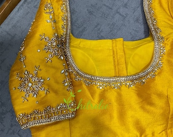 Golden Yellow Maggam Work Rawsilk Blouse For Haldi Ceremony/ Weddings/ Festivals/ Indian Designer  Bridal Saree Blouse