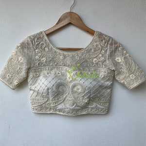 Ivory White Paisly Design Pearl Work Choli/ Christian Bridal blouse image 3