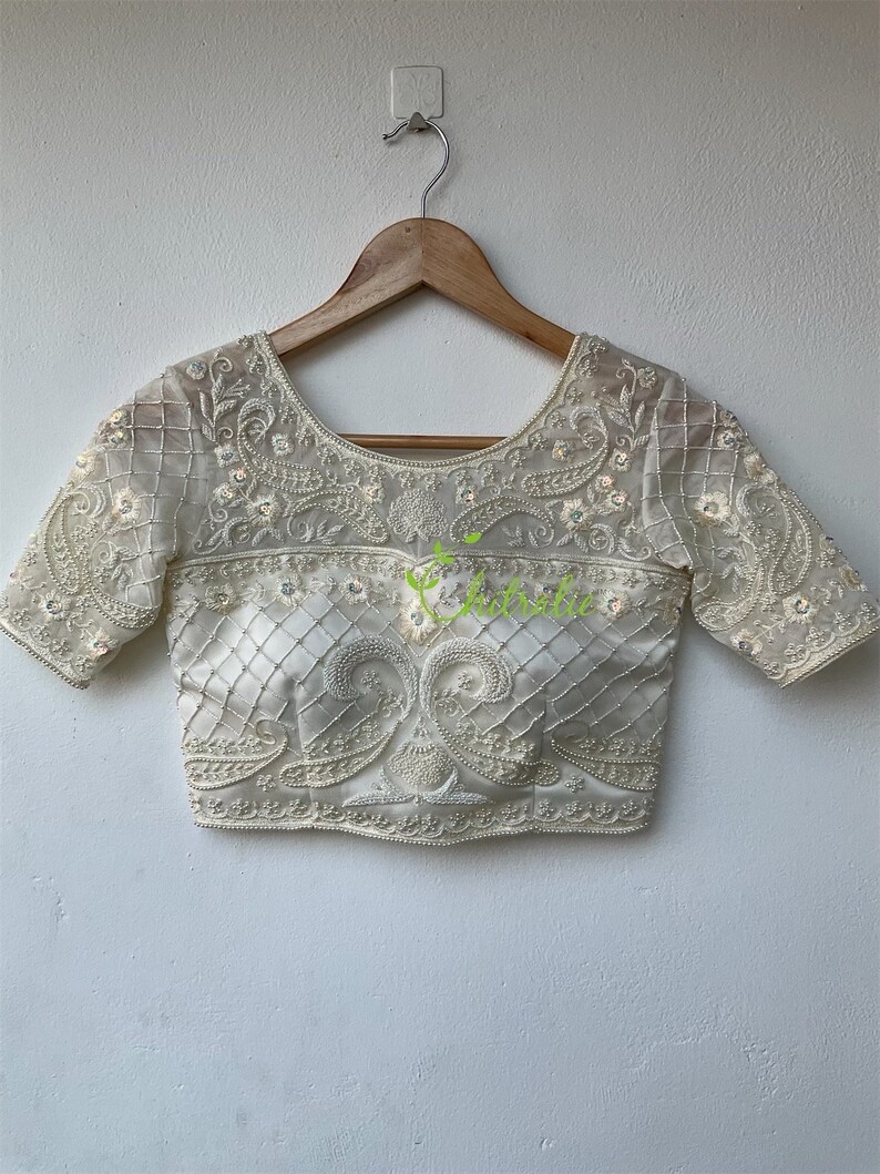 Ivory White Paisly Design Pearl Work Choli/ Christian Bridal blouse image 3