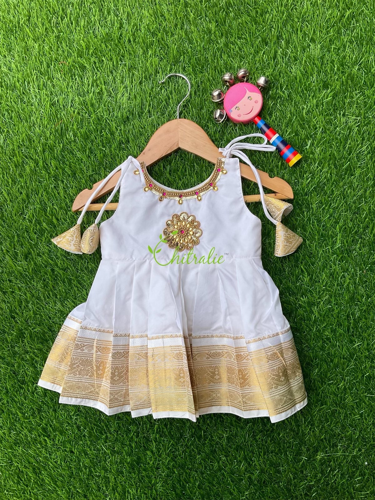 Newborn White Silk Tie Frock Indian Dress for Little Princess Knot Frock for Cradle ceremony