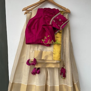 Kerala Gold Kasavu Dhavani With SilkPuff Sleeve  Blouse/ Onam Dress