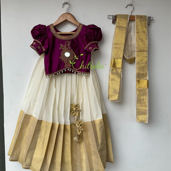 Girls Valkannadi Designed Crop Top With Gold Kasavu Skirt Dhavani/ size 0-12 Years