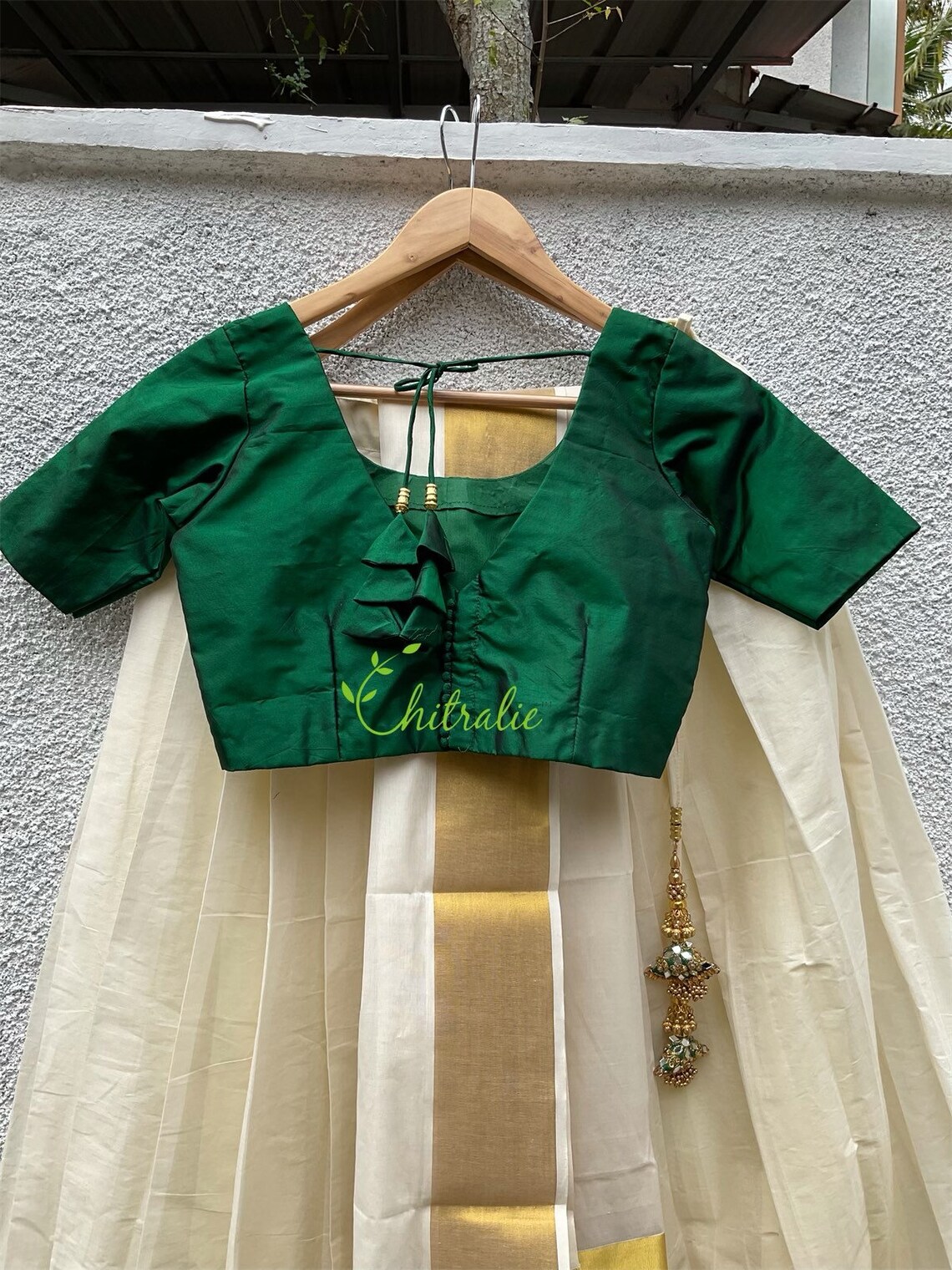 Kerala Half Saree With Green Silk Blouse/ Kerala Dhavani for | Etsy