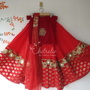 Girls Elephant Boarder Red Lehenga With Off Shoulder Choli