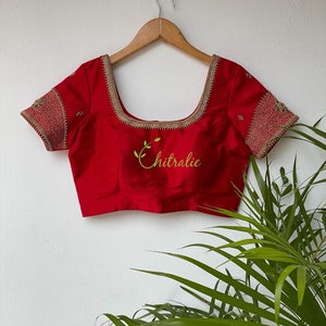 Red Rawsilk AariWork Blouse With Ornamented Neckline/ Readymade Blouse/ Indian Designer Blouse / Choli Blouse