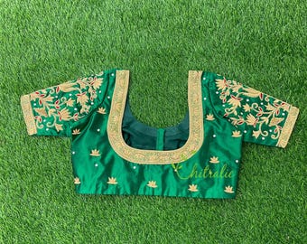 Emerald Green Zardozi Bridal Blouse: Handcrafted Silk Saree Blouse