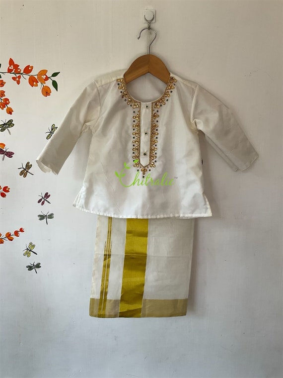 Baby Boy Silk Kurta Dhoti Set: Kerala Handloom Kasavu, Indian Wear