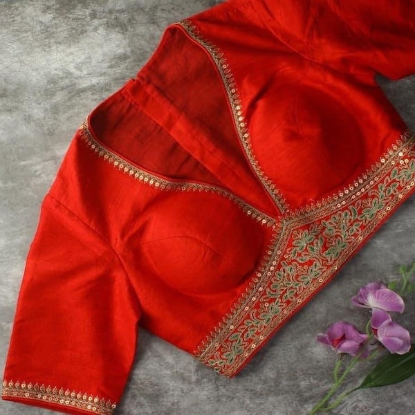 Red Rawsilk Saree Blouse With Sequins Embroidery/ Indian Readymade Blouse