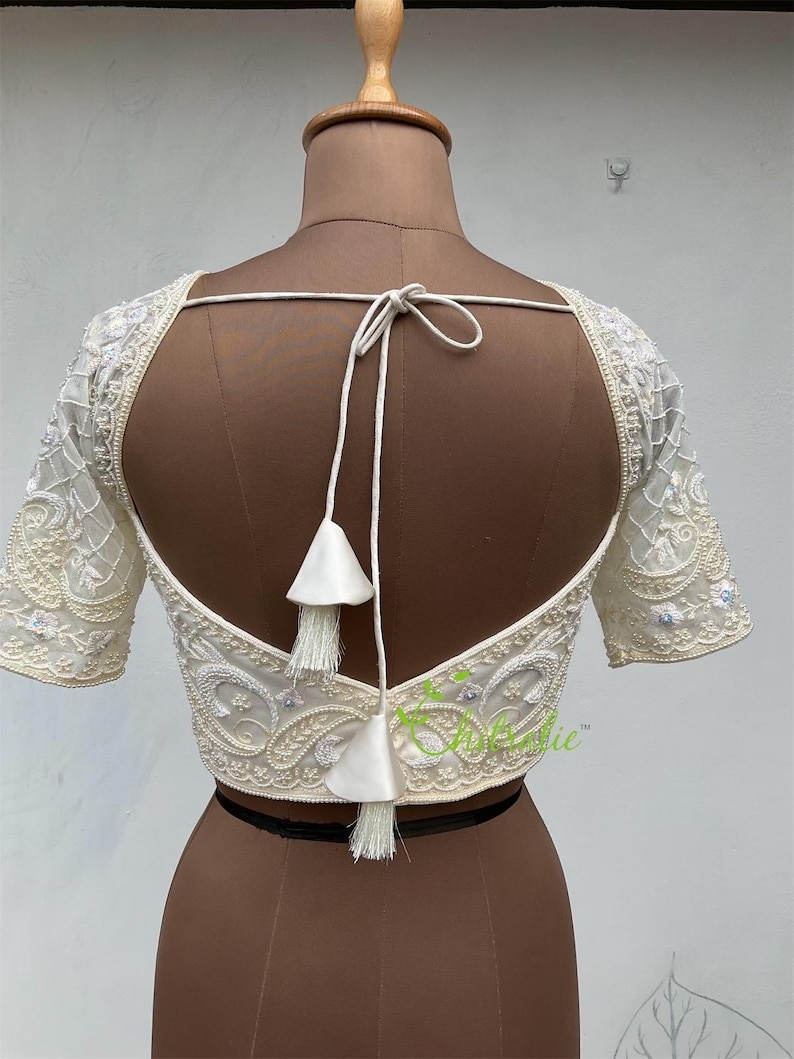 Ivory White Paisly Design Pearl Work Choli/ Christian Bridal blouse image 2