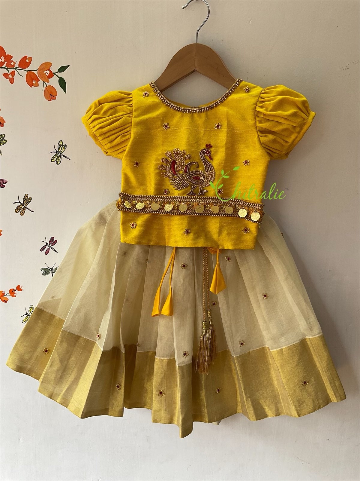 Kerala Handloom Skirt Set: Gold Kasavu Skirt, Yellow Peacock Choli
