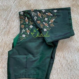 Made To Order Green Silk Saree Blouse: Aariwork Floral Design