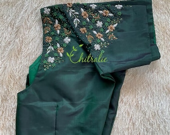Made To Order Green Silk Saree Blouse: Aariwork Floral Design