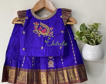 Newborn Kanchipuram Silk Pattu Pavadai: Blue Peacock Indian Dress