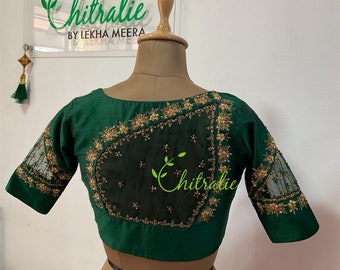 Custom Made Dark Green Designer Rawsilk Blouse With Elegent Bead Work