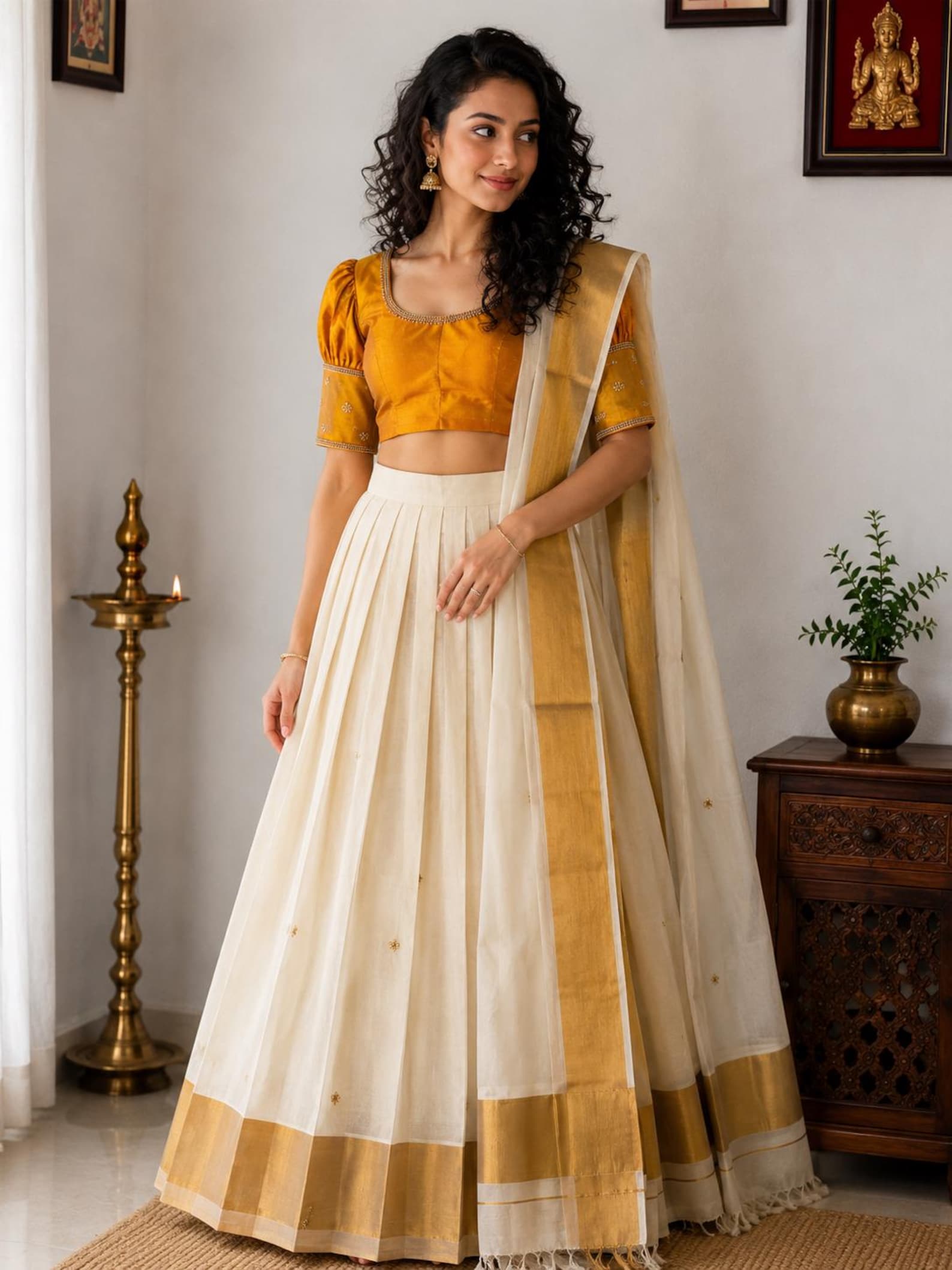 Traditional Kerala Kasavu Dhavani Set: Rawsilk Puff Sleeve Blouse, Half Saree