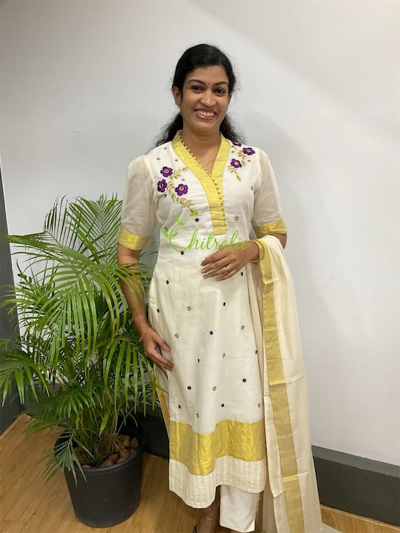 Kakkapoovu Pure Kerala Handloom Kasavu Salwar Suit Unique Collar Pattern Etsy Canada