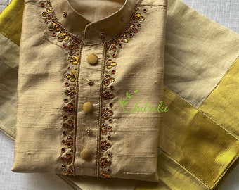 Boys Raw Silk Kurta and Mundu Set: Kerala Handloom Kasavu, Onam Dress
